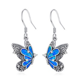 Opal Butterfly Earrings for Women 925 Sterling Silver Vintage Blue Opal Butterfly Drop Earrings With Diamond for Birthday Mother's Day