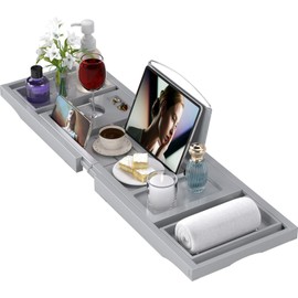 Bathtub Tray Caddy, Expandable Bath Trays for Tub, Bamboo Shelf & Table with Wine Glass Holder,Bathroom Accessories for New Home & Mothers Day & Birthday Gifts for Mom,Gray