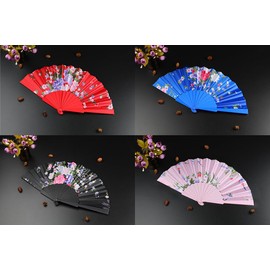 HUNANBANG 1 Dozen Oriental Flowers Japanese Folding Hand Fans Spanish Church Wedding Vintage Gift, Party Favors, DIY Decoration retro Gift Size 8 1/4" Wholesale (12pack)