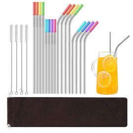 Set de 16 Piezas Popotes,Popotes de Acero Inoxidable,Reutilizables con Puntas de Silicón,Popotes Metálicos para Vasos de 20 24 30 oz,para Hogar, Fiestas y Viajes