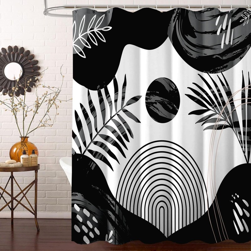 Black Boho Mid Century Shower Curtain, Abstract Black and Grey