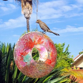 DUSVALLY 9" H Fly Through Bird Feeder Squirrel Proof for Garden Wild Bird Seed, Colored Glass Mosaic Outdoor Hanging Bird Feeder for Bird Lovers, Red