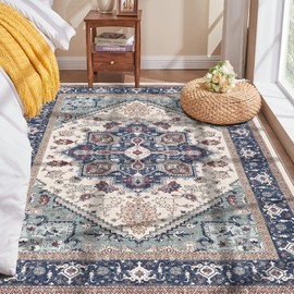 OPPODREAM Soft Area Rugs 4x6, Low-Pile Washable Rugs 4x6 with Non Slip Backing, Faux Cashmere 4 x 6 Throw Carpet, Navy Blue & Red & Cream