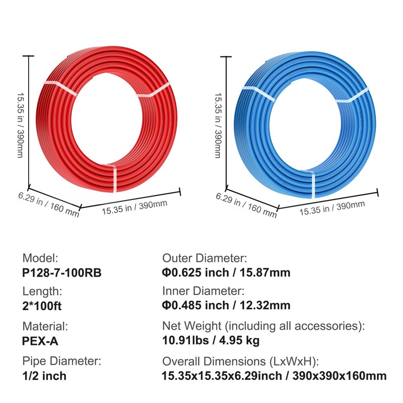 VEVOR PEX Pipe 1/2 Inch, 2 x 100 Feet Non-Oxygen