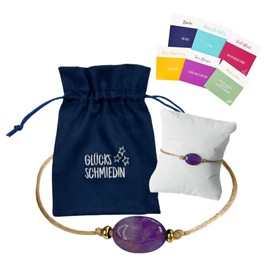 Glücksschmiedin - Amethyst Armband Damen mit Karten-Set, Edelsteinarmband beige mit Goldperlen und schönem Schmucksäckchen mit 6 verschiedenen Glückwunschkarten für jeden Anlass.