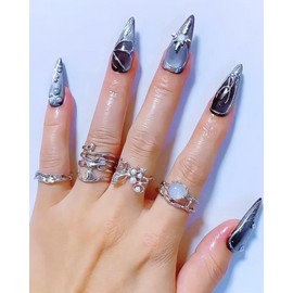 CAMILCY Press on Nails Handmade Nails Luxury Reusable Fake Nails For Girls Long Almond Armor Tip Grey Silver Diamonds Hand Painted Salon Loveful Design Acrylic Gel UV Finished 3D Nails 10PCS (B07, M)