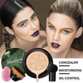 2PCS Mushroom Head Air Cushion CC Cream, Moisturizing Lasting Oil Control BB Cream for All Skin Types, Full Coverage Concealer Liquid Foundation Face Makeup Set with Foundation Brush & Makeup Sponge