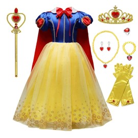 Beejirm Girl Snow White Costume with Princess Crown Wand Accessory, Princess Dress Up Carnival Birthday Party Fancy Dress