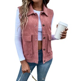 WDIRARA Women's Button Front Sleeveless Collar Corduroy Vest Jacket with Pocket Dusty Pink L