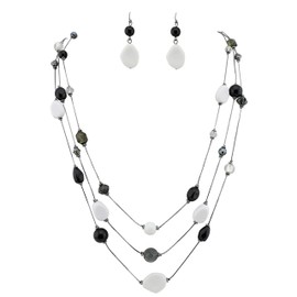 COIRIS 3 Layers Illusion Wire Long Statement Necklace Earrings Set For Women Black White Beaded (N0008-black+white)