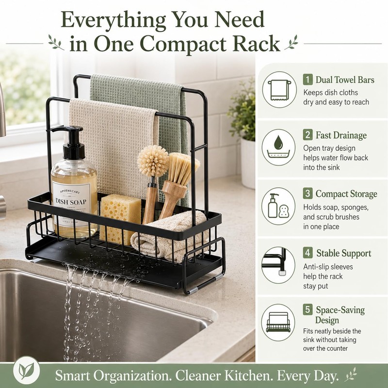 Sponge Holder for Kitchen Sink, Sink Caddy with Towel Bar