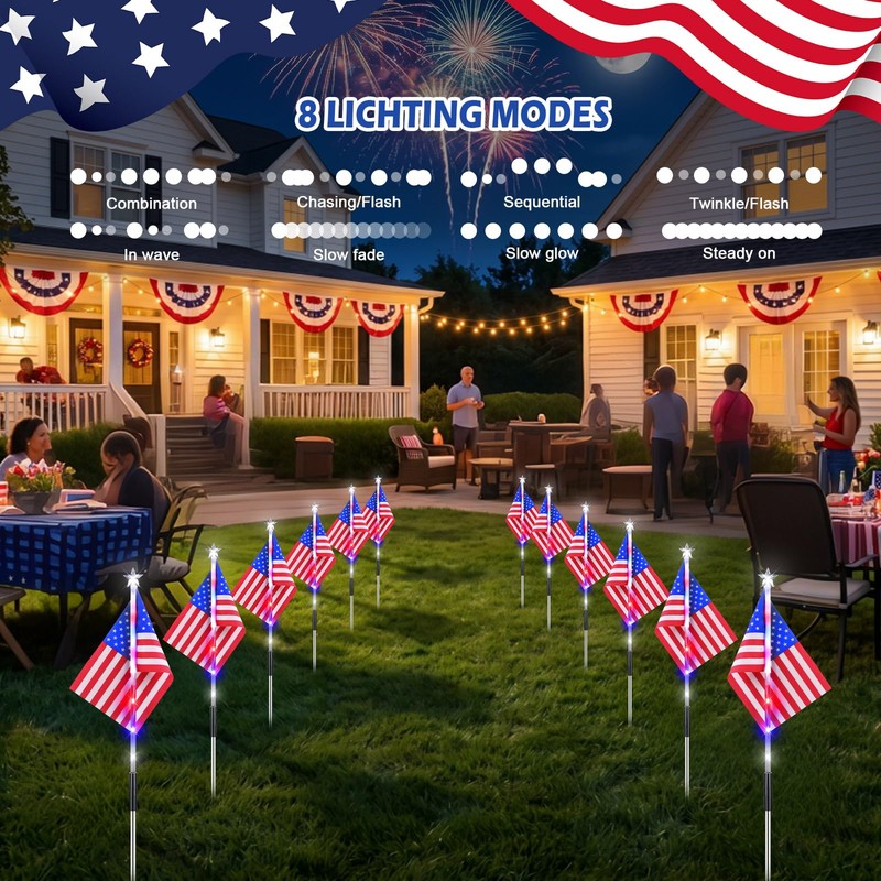 DTNESS 12 Pack 108 LEDs American Flag Pathway Lights w/