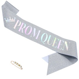 ZHBDPaty Prom Sash with Pearl Safety Pin - Graduation Accessory (1pc, Queen, Silver)