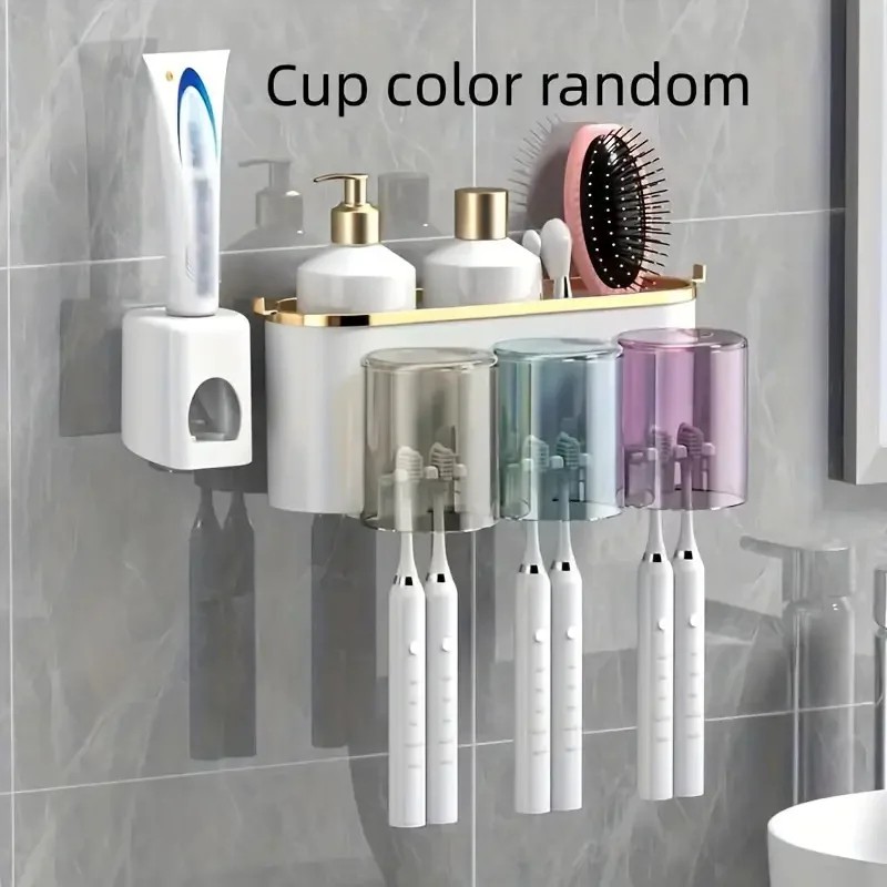 Wall Mounted Toothbrush Holder with Toothpaste Squeezer – Multifunctional Bathroom