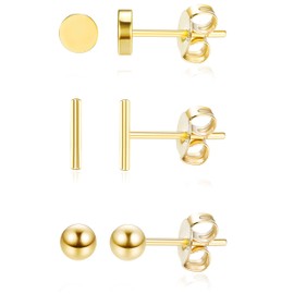 Milacolato 3Pairs 925 Sterling Silver Stud Earrings for Women Girls | 18K Gold Plated Mini Bar Ball Dot Stud Earrings for Cartilage Piercing | Hypoallergenic Dainty Earrings for Women (With Gift Box)