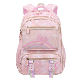JiaYou Primary School Backpack Girls Elementary Daypack Butterfly Rainbow Pattern Bookbag(Pink Yellow,25 Liters)