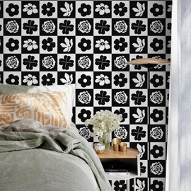 Ismoon Peel and Stick Wallpaper Black and White Contact Paper Modern Stick on Checkerboard Floral Wall Paper Plaid Removable Self Adhesive Vinyl Roll for Bedroom, 17.3x118in