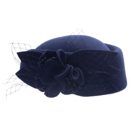 Lawliet Women Fascinator Pillbox Felt Wool Hat Formal Dress Flower Veil (Navy Blue)