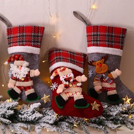 MJARTORIA Christmas Stocking Set of 4 with Santa Claus Snowman Elk Bear Large Xmas Stockings Gifts Bag for Christmas Tree Decoration Ornament
