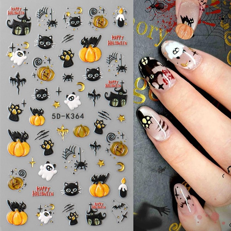 Halloween 5D Embossed Nail Stickers for Nail Art, Ghost Pumpkin