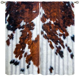 Cortinas con estampado de piel de vacuno para cocina, clásico Country Western Farm abstractas de piel vacuna granate y blanca con patrón de piel vacuna para recámara, sala de estar, 42 x 45 pulgadas