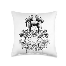 Geisha, Hannya Oni Mask/ Japan Anime, Demon Warrior Mask, Throw Pillow