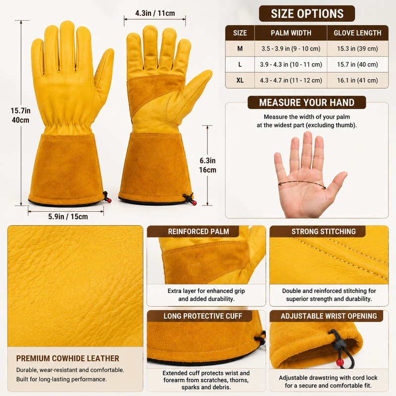Long Cuff Cowhide Leather Work Gloves for Men & Women