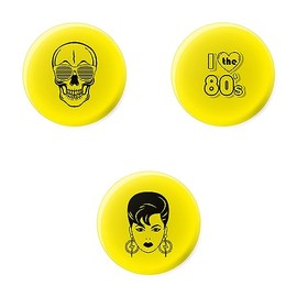 80's Skull Face with Sunglasses - I Love The 80s - 1980's Woman Small Mini Badges - Fluorescent Yellow - UV Reactive Black Light Glow - Pin Button Badge - 3 Pack
