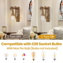 KEESFU Wall Sconce Set of 2, Farmhouse Wood & Hemp Rope Wall Mount Light Fixture, Rustic Light Fixtures for Bedroom Entryway Hallway Living Room.