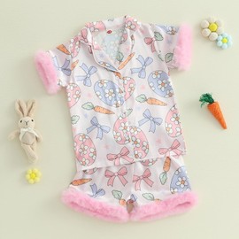 Kids Toddler Girls Silky Satin Easter Pyjamas Set with Feather Trim Short Sleeve Button Down Tops and Shorts Easter Pajamas Sets Matching Babies Easter Pjs (Egg Carrot Light Rose, 12-24 Months)