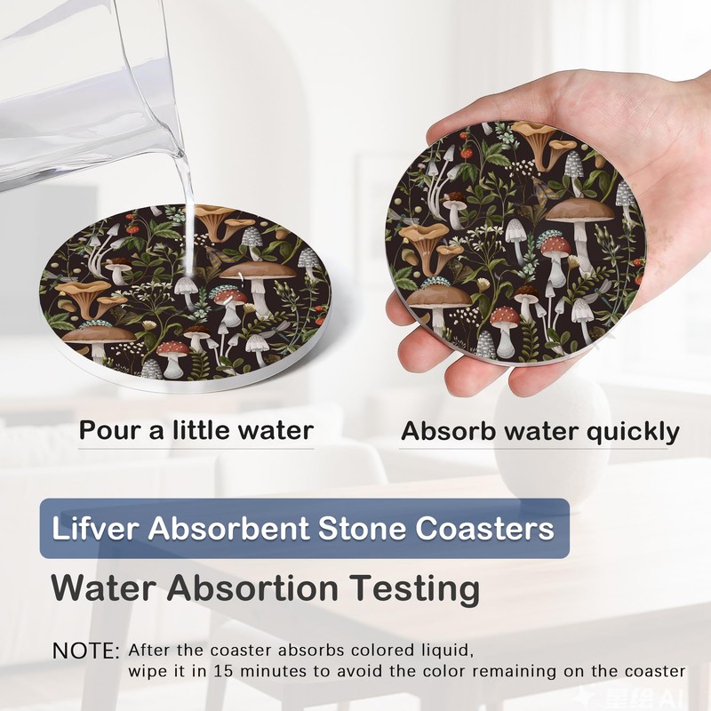 Mushroom Weeds Drink Coasters with Holder,Ceramic Coasters for Tables, Cork