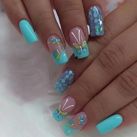Square Press on Nails Medium Butterfly Fake Nails Glossy Glue on Nails Summer Blue Green Press on Nails with Butterfly Nail Sequin Design False Nails Acrylic Full Cover Fake Fingernails for Women