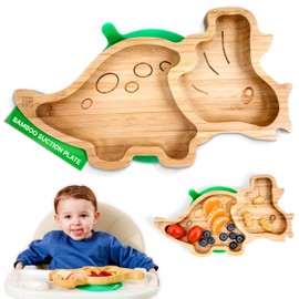 Bamboo Divided Suction Plate Baby - Strong Suction Toddler Plates - Non-Toxic All Natural Eco Friendly Materials - Dinosaur