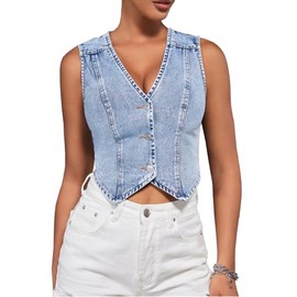 SHENHE Women's Denim Vest Button Down Sleeveless Jean Vest Top Y2K Cropped Jean Jacket 2024 Fashion Western Clothes Blue M