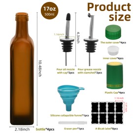 17oz 4 Pcs Olive Oil Dispenser Bottle,500ml Glass Oil and Vinegar Dispenser Set with 4 Stainless Steel Pourers, 8 Labels,Funnel Oil Bottles for Kitchen (Brown)