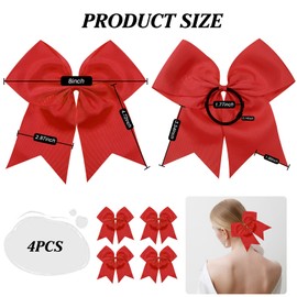 TUUXI 4pcs 8" Large Cheer Bows Elastic Hair Tie Bands Grosgrain Ribbon Ponytail Holder Red for Teen Girls Softball Cheerleader