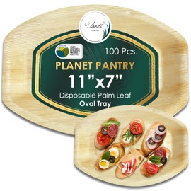 Planet Pantry Disposable Palm leaf Oval Serving Tray Wooden Bamboo-Like Tray Paper and Plastic Alternative Eco-Friendly for Food, Wedding, Party, Buffet, Charcuterie Board Platter (100, 11" x 7" Tray)