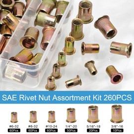 260PCS SAE Rivet Nut Kit-1/4-20,5/16"-18, 3/8"-16,#6-32,#8-32,#10-24 UNC Carbon Steel Zinc Plated Rivets Nutsert Flat Head Rivnut Threaded Inserts Nut (Yellow, SAE Rivet Nut Assortment Kit)