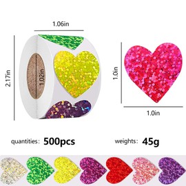 1000Pcs Heart Stickers,Glitter Stickers,1 inch Cute Love Labels for Valentine’s Day, Wedding, Invitation, Mother’s Day,Envelopes, Crafting, Scrapbooking, Gift, Award Charts,500 Labels Per Roll（2 roll