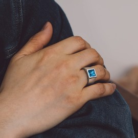 Bandmax Blue Topaz Ring for Men Stainless Steel Blue Gemstone Ring Statement Ring Mens Signet Ring Pinky Ring Gift for Father Husband Size 10