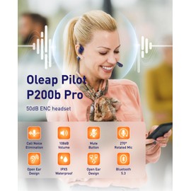 oleap Pilot P200b Pro Bluetooth Wireless Open Ear Noise Cancelling Headphones, 50dB ENC Call Noise Elimination, Computer Headset with Boom Microphone and Mute Button for Work and Calls(No Dongle)