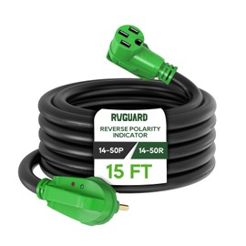 RVGUARD 50 Amp 15 Foot RV/EV Extension Cord with Reverse Polarity Indicator, NEMA 14-50P/R Heavy Duty Extension Cord with Cord Organizer, Green, ETL Listed