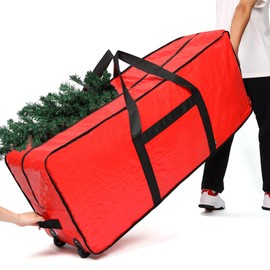 HOMEST Christmas Tree Storage Bag, Fits for 6/7.5 ft Xmas Artificials, Zippered Bag with Reinforced Carrying Handles and Wheels, Red (Bag Only)