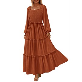 PRETTYGARDEN Fall Dresses for Women 2025 Long Sleeve Smocked Square Neck Swiss Dot Tiered Flowy Wedding Guest Maxi Dress (Brown,Small)