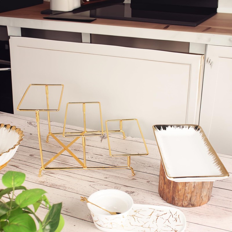LIUYWYHCF 3-Tier Serving Rack with Ceramic Serving Tray, Foldable Gold