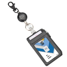 Wisdompro® Heavy Duty Retractable Reel with Vertical 2-Sided Zipper Pocket PU Leather ID Badge Holder and Key Ring