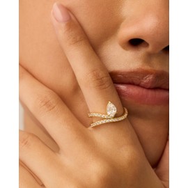 PAVOI Rhodium Plated Pear Wavy Engagement Ring for Women - Cubic Zirconia Statement Promise Wedding Eternity Rings - Size 5, White Gold, Cubic Zirconia