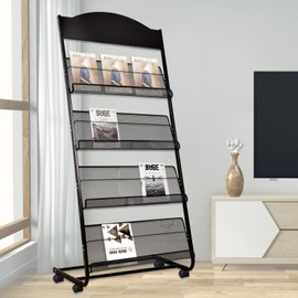 Kenpiko Floor-Standing Magazine Rack, 4-Layer Brochure Display Stand Tiered Design Magazine Stand Detachable Magazine Display with Casters for Exhibitions, Shopping Malls, Hospitals, Offices