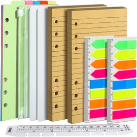 FANDAMEI Lined Kraft Paper Refill Papers Set, 6 Holes Craft Paper A6 Refillable Note Paper 90 Sheets, 7 Pieces Dividers, 320 Pieces Sticky Notes, 15 cm Ruler, 1 Piece Envelope Bag