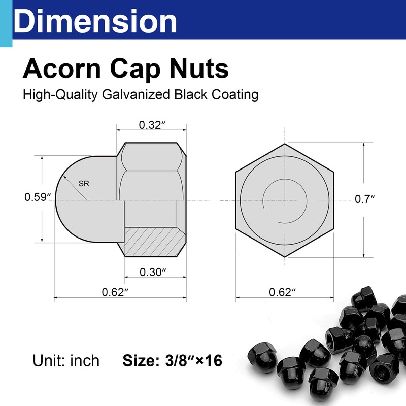 16Pcs 3/8"-16 Acorn Cap Nuts, Zinc Plating-Black Hex Head Acorn